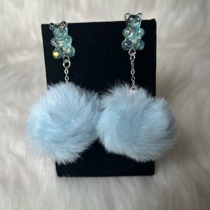 Cute Baby Blue Glitter Bear Stud Earrings  with Dangle Pom Pom Ball